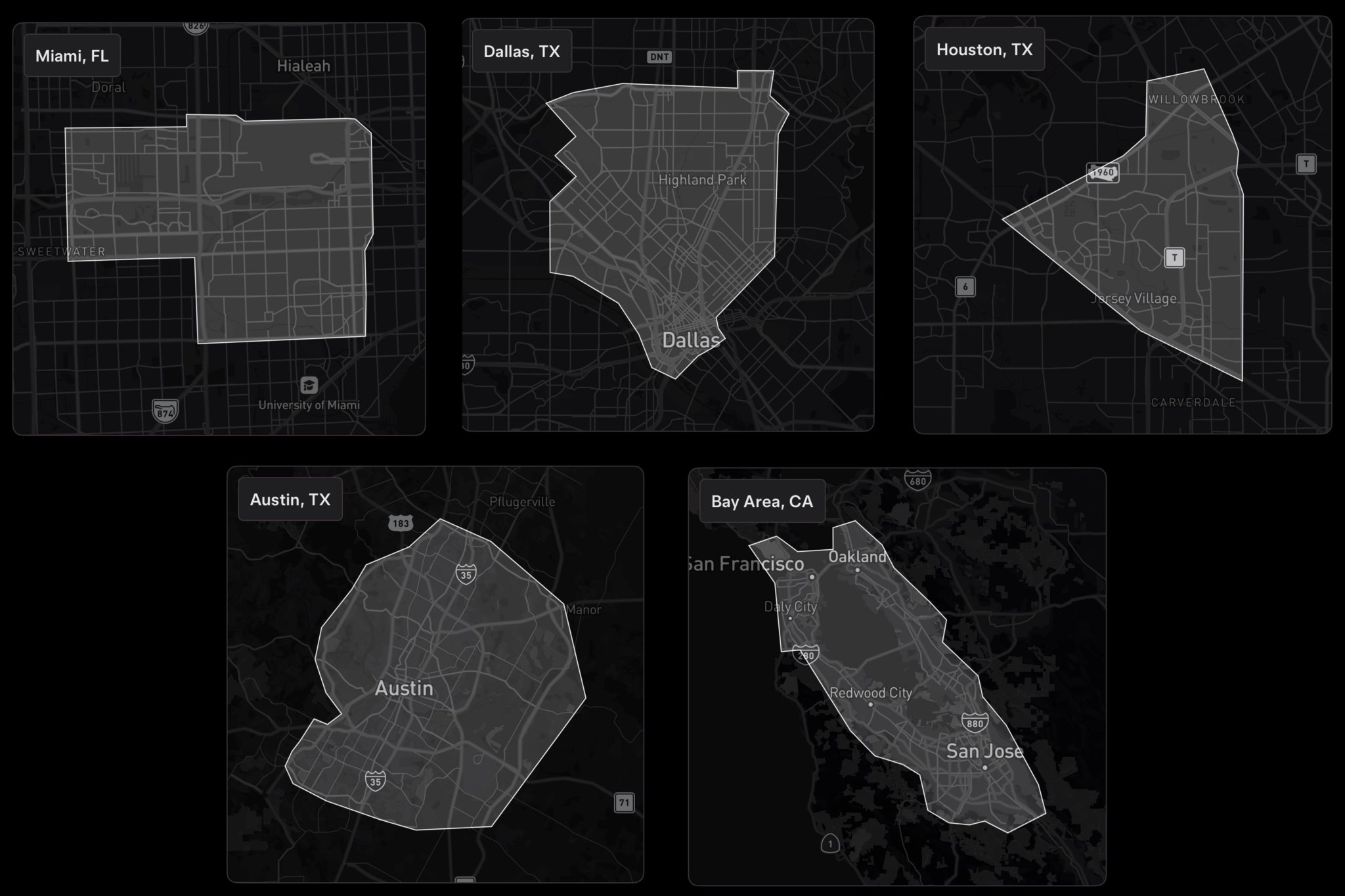 Mapas de las zonas de servicio del Tesla Robotaxi: Miami, Dallas, Houston, Austin y Bay Area